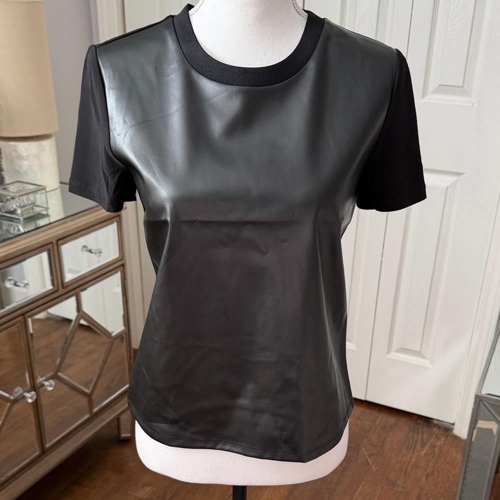 Nine West Tee NWT Black Faux Leather Panel Tee, So Cute On! XS